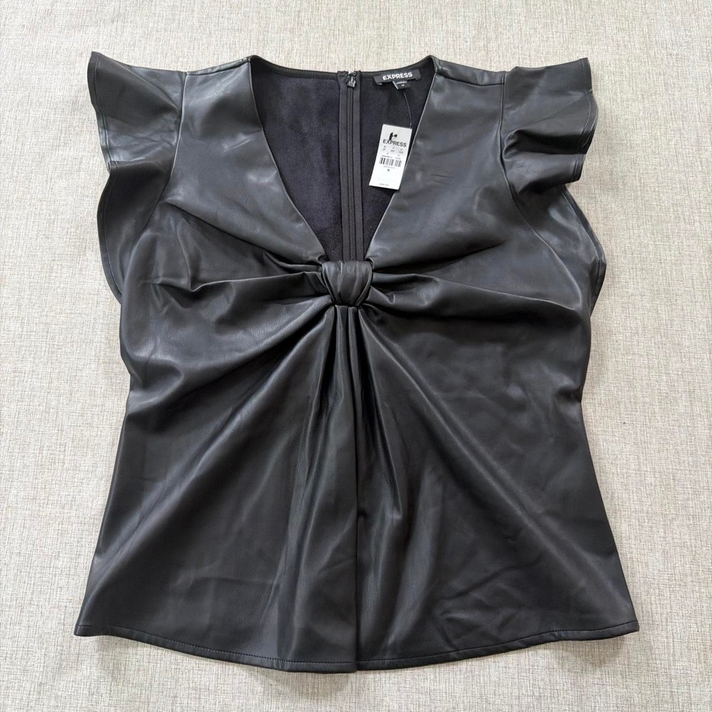 Express faux leather top Women's Medium ruffle shoulder V neck Edgy Whimsigoth